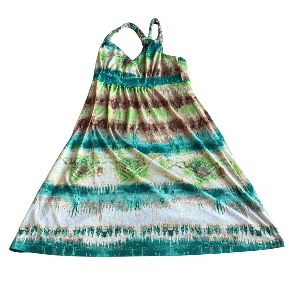 Mudd women’s Vacay V Neck Green‎ Brown Tropical Summer Strappy Mini Size M Dress